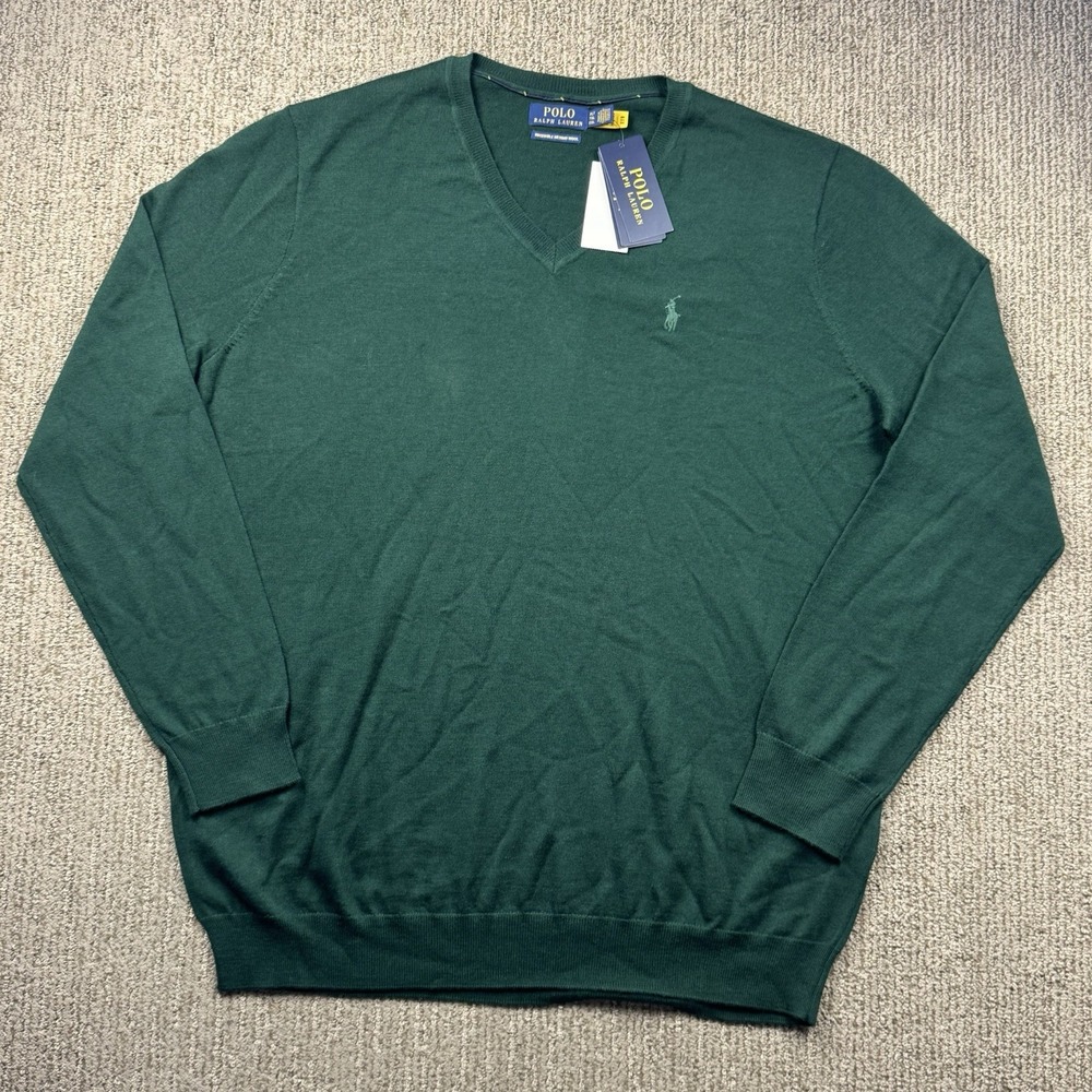 Polo Ralph Lauren Mens XLT Washable Merino Wool Sweater V Neck Pullover Green